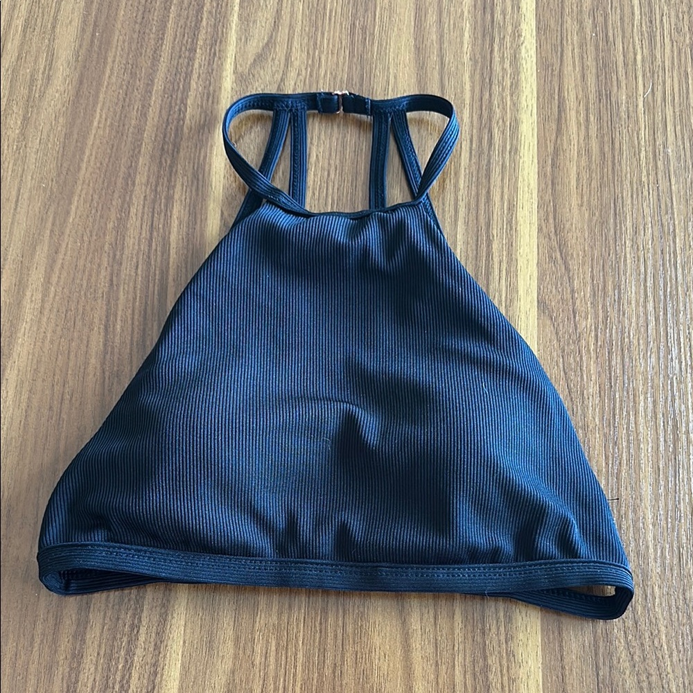 NWOT Black Ribbed Halter Bikini Top with Back Strap Design 🧜‍♀️